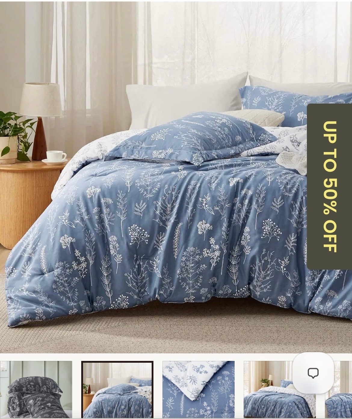 Reversible Floral Print Comforter Set Blue King