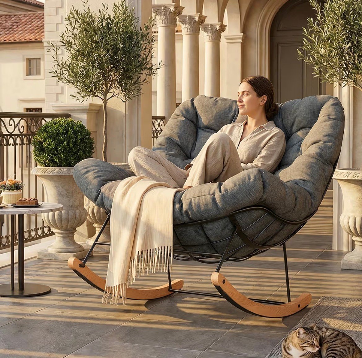 FLEXISPOT Oversized Outdoor Rocking Chair with Thick Cushion, Grey