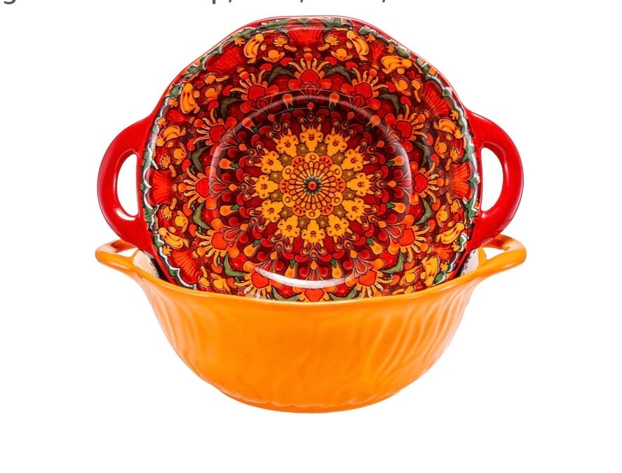 Boho Ceramic Serving Bowls with Handles Set of 2