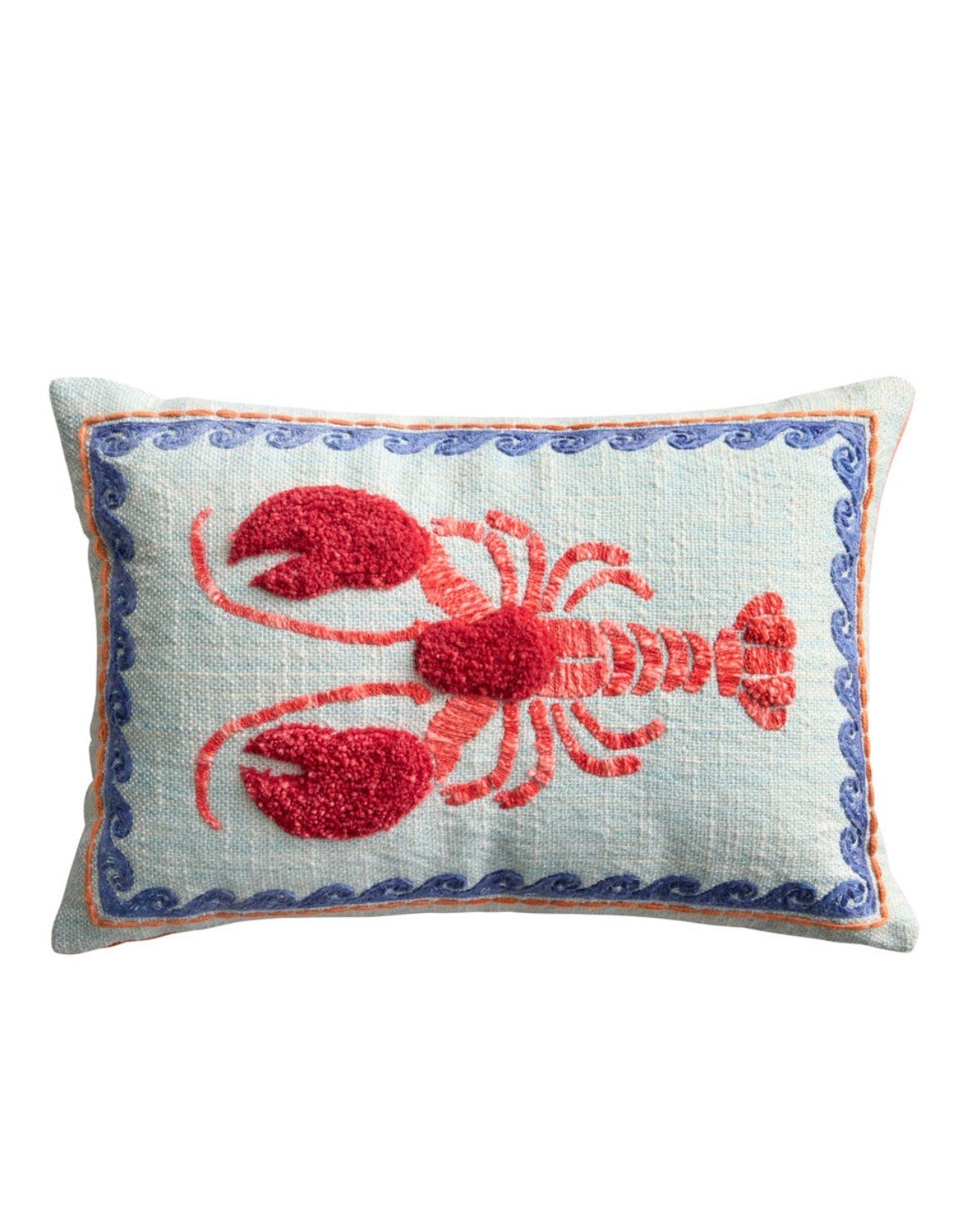 Blue and Red Lobster Embroidered Indoor Outdoor Lumbar Pillow