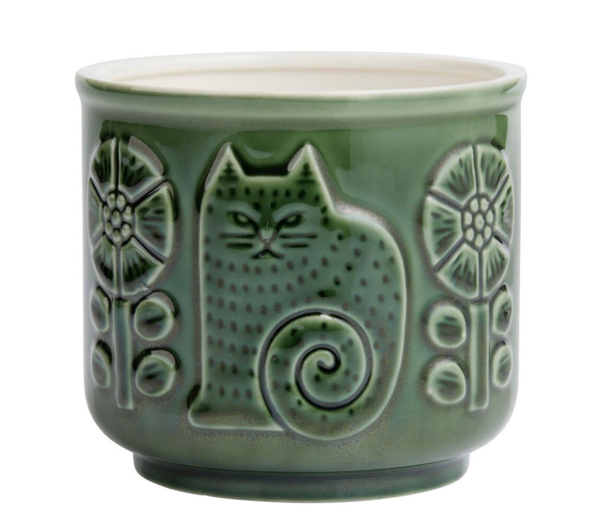 Green Ceramic Embossed Cat and Flower Planter
