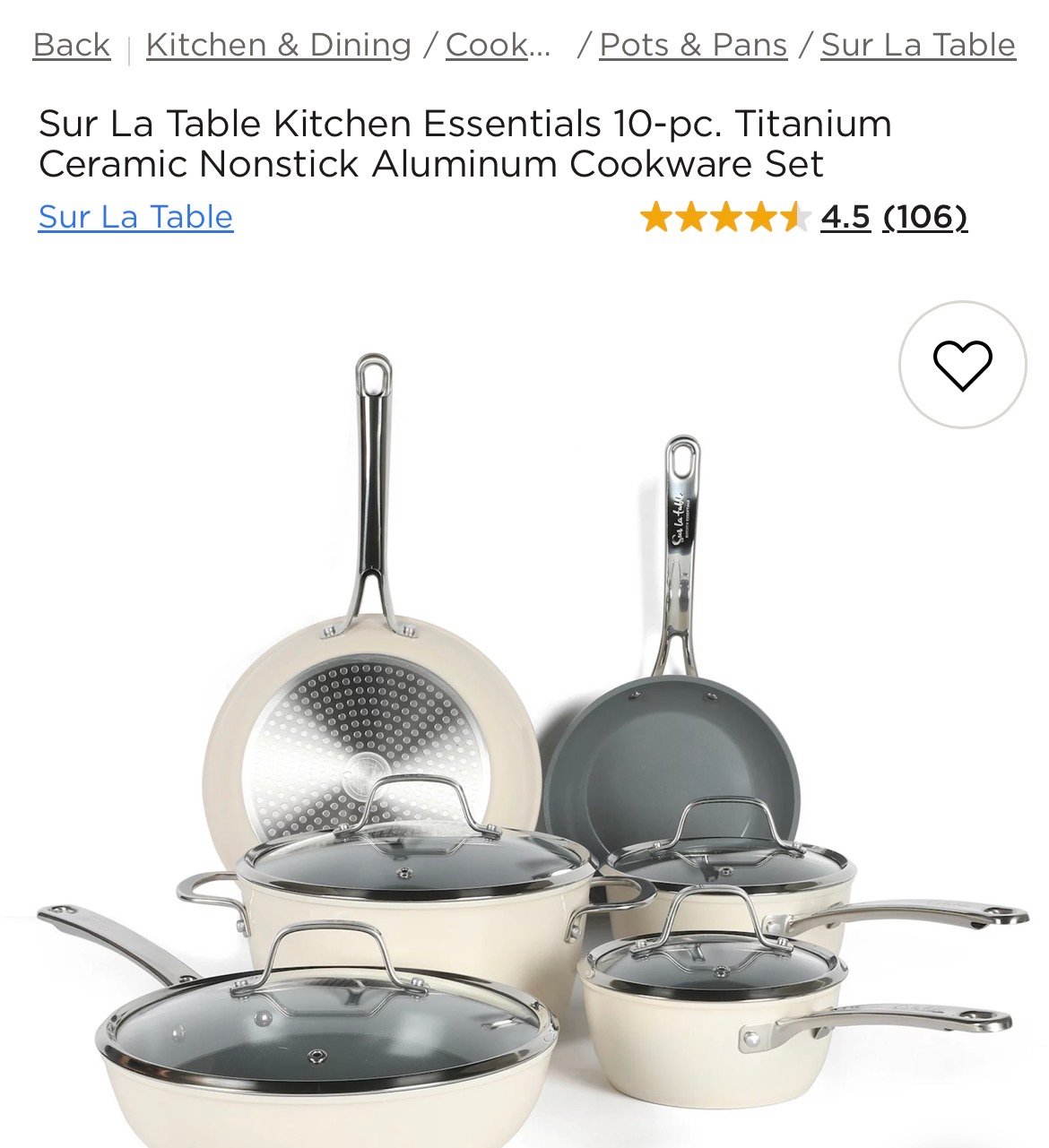 Sur La Table Kitchen Essentials 10-pc. Titanium Ceramic Nonstick Aluminum Cookware Set
