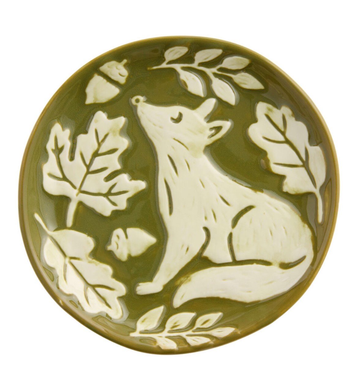 Ivory and Green Woodland Embossed Hand Painted Appetizer Plate-Fox